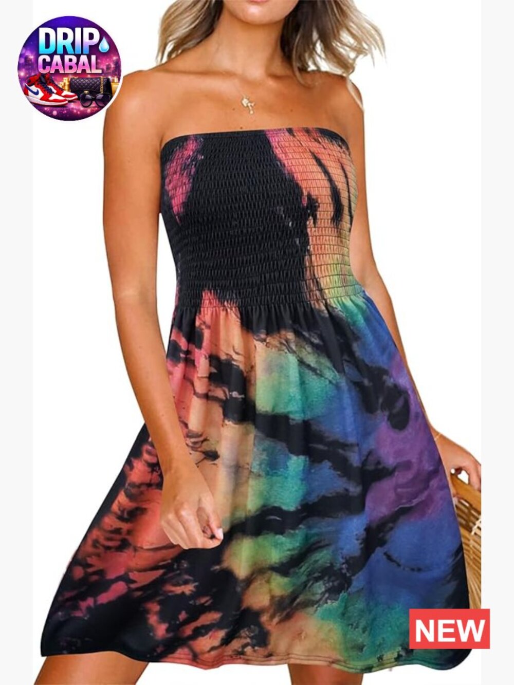 Polyester Strapless Tube Top Dress Summer Beach Boho Smocked